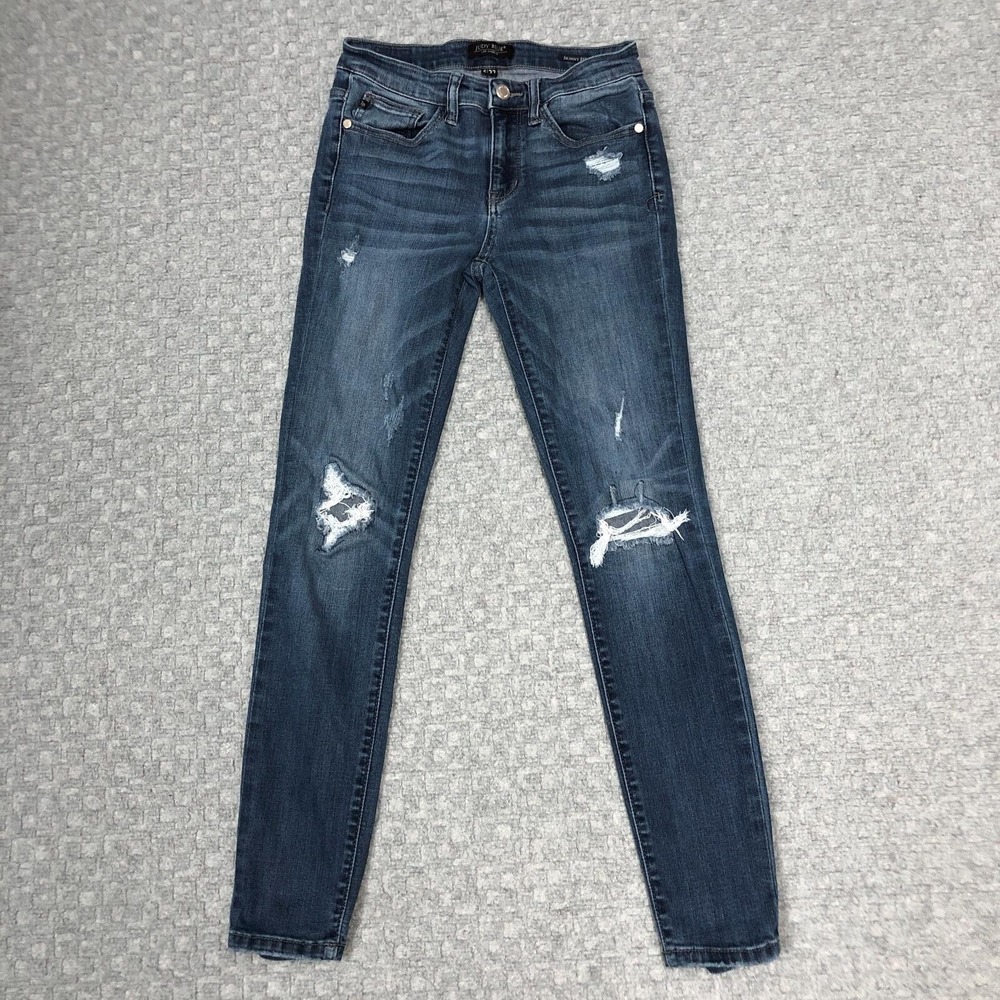 Judy Blue Jeans Womens 5/27 Dark Wash Denim Skinny Distressed Stretch Jeans Norm